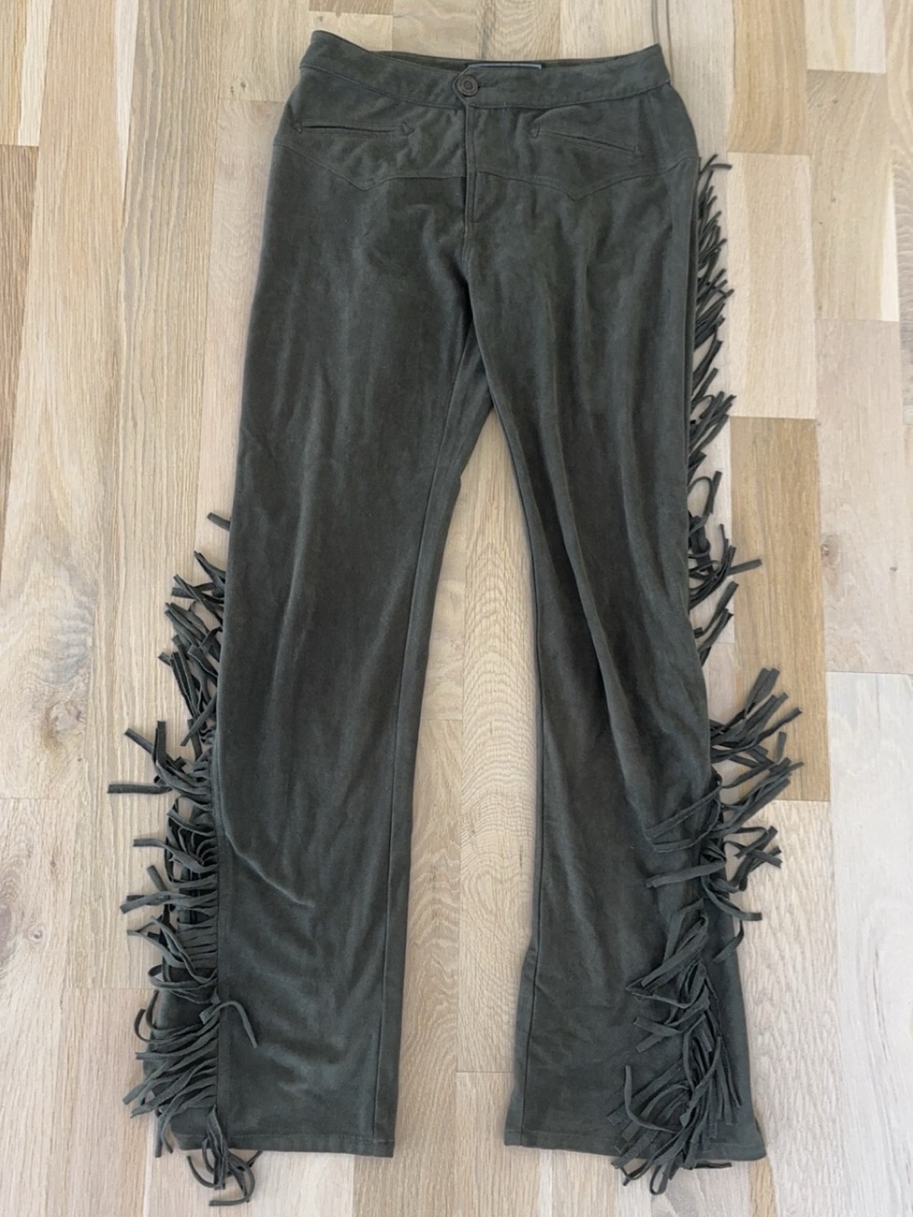 Double D Ranch Olive Green Suede-Look Pants with Label Detail